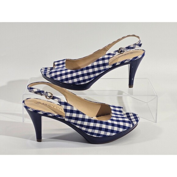MW Women's 8 Aubrey Lynn Blue Check peep Toe Slingback High Heels Shoes NWOB NEW - Picture 3 of 8